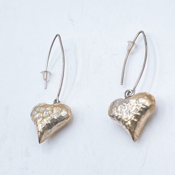 925 Silver Hammered Heart Shape Drop Earrings - Picture 2 of 6
